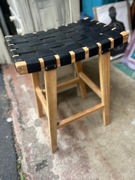 Wide Wood Stool With Leather Weave