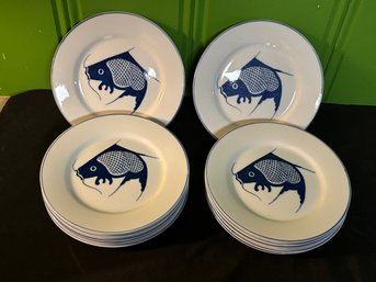 Complete Set Of 12 Vintage Koi Dinner Plates China White And Blue Koi Fish Carp Hand Painted 10'