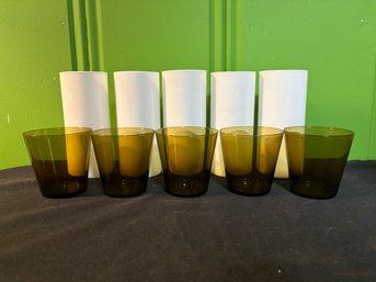 1960s Boho Chic Drinkware Set Of 5 White Highball Cups And 5 Smokey Whiskey Glasses