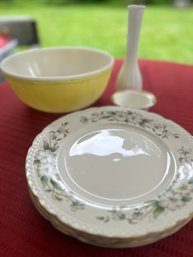 Embassy Dogwood Gold Trim Plates, Pyrex And Porcelain Flower