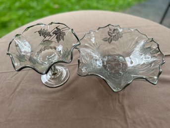 Art Glass - Footed Bowl And Serving Tray Silver Trimmed