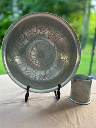 Spun Aluminum Floral Bowl And Cup