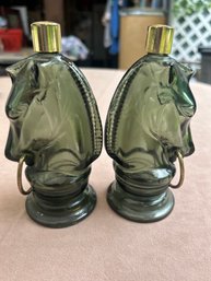 2 Chess Knight Shaped Vintage Perfume Bottles Avon Green Glass