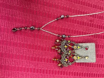 Sterling Silver Necklace With Garnets And Dangling Earrings