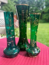 Green Enameled Art Glass Vases/Bohemian