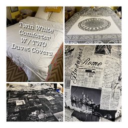 Urban Outfitters Twin White Featherbed/Comforter W/ 2 Stylish Duvet Covers