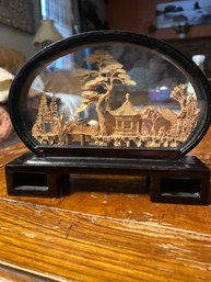 Chinese Fujian Cork Carving In Black Lacquer Frame