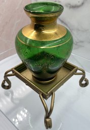 Small Green Glass Vase On Gold Stand