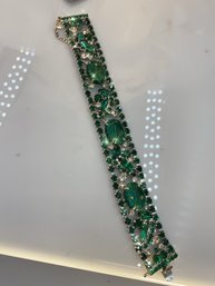 Vintage Juliana Bracelet: Emerald Green Etched Flower And Rhinestone