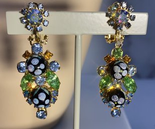 Vintage Juliana Earrings:  Blue Peridot Rhinestone Polka Dot Bead Dangles