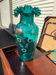 Blue/Green Enameled And Fluted Hand Blown Glass Vase