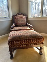 Antique Jacobean Style Oversized Tapestry Arm Chair & Ottoman With Carved Mahogany Base