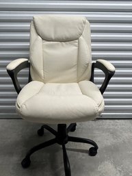 Creme Leather Padded Mid-Back Office Computer Desk Chair With Armrest