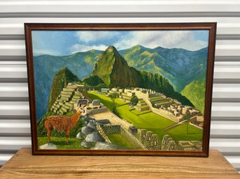 Framed Eusebie Flores Signed Peruvian Artist Painting Of Macchu Picchu