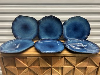 Set Of 6 Deep Blue Asymmetrical Ceramic Dinner Plates By Matteo Armani