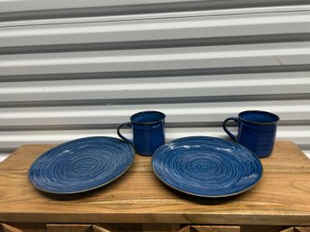 Blue Ceramic Farmhouse Plate & Mug Four Piece Set