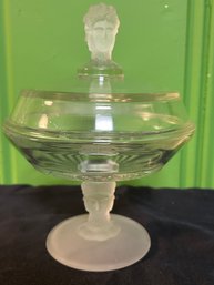 Imperial Columnar Glass Jar Frosted 3 Faced Handle On Lid & Base