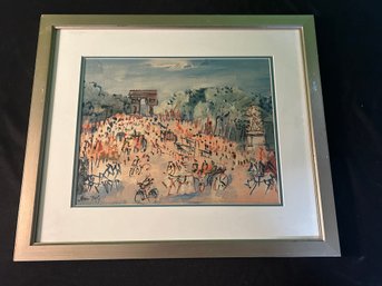 French Artist Jean Dufy Framed Original 1940s Lithograph Champs Elysees No. 1558