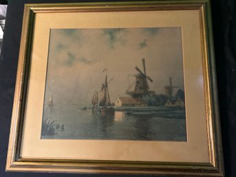 Antique Framed Dutch Windmill Print 27 X 21