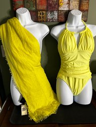 NWT Yellow La Blanca One-piece Size 8 With Sheer Cover-up By Guess