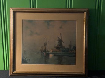 Antique Museum Print Framed & Matted Dutch Windmill Scene 21' X 24'