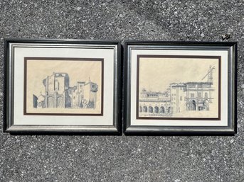 Pair Of Pencil Drawings Of Italian Landmarks (2)