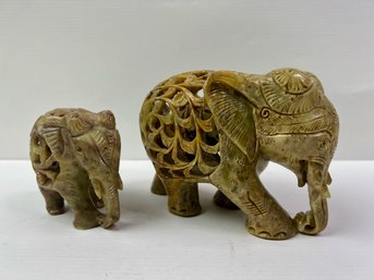 Two Carved Soapstone Elephants With Carved Babies Inside