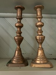 Pair Of Antique Brass Push Up Candlesticks 9'