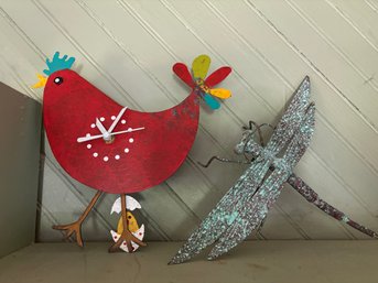 Whimsical Folk Hand PaInted Chicken Clock & Dragonfly Metal Art