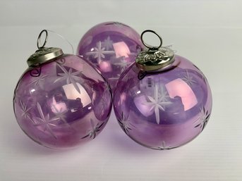 Pottery Barn Amethyst Etched Hanging Starburst Glass Balls (3)