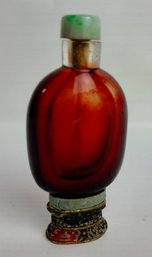 Red Glass Chinese Snuff Bottle With Marble Top