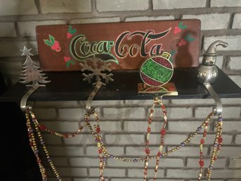 4 Stocking Holders, Beaded Garland And Holiday Coke Sign