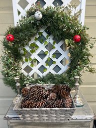 Outdoor Decor: Wreath, Pinecones, Candlesticks