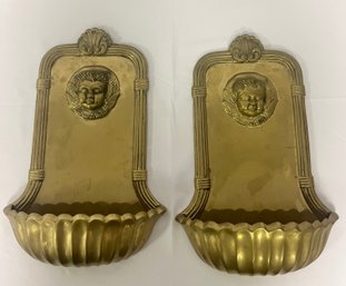 Pair Of Vintage Solid Brass Cherub Wall Pockets