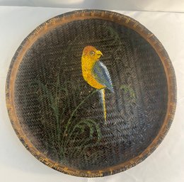 Vintage Woven Basket With Hand Painted Parrot