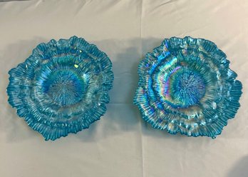 Pair Of Vintage Mid-century Rainbow Blue Art Glass Plates