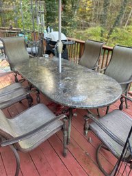 Outdoor Dining Set: Granite Table With 6 Chairs And Rectangular Umbrella