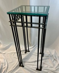 Tall Iron Side Table Or Plant Stand With Thick Glass Beveled Top