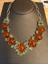 Handmade Necklace: Jade And Amber With Silver