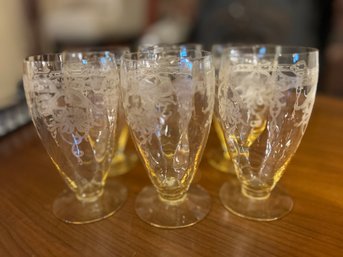 6 Delicate Floral Etched 5' Art Glass Footed Cups - Uranium Glass