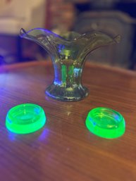 Uranium Glass Tea Light Holders And Vase