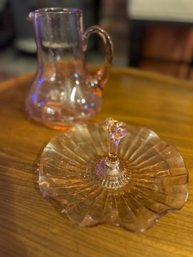 Pitcher And Platter With Handle Pink Depression Glass