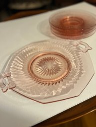 Four Pink Depression Glass Plates And Large Platter With Handles