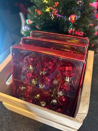 Wood Crate With 3 Packs Of Red Disco Ball Ornaments