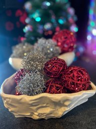 White MCCOY Pottery With Red And Silver Sparkle Wire Balls