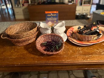 Thanksgiving Table Serving Gravy Boats, Platters Bread Baskets And Napkin Rings