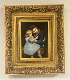 Antique Painting Of Mother Holding Daughter In Ornate Carved Frame