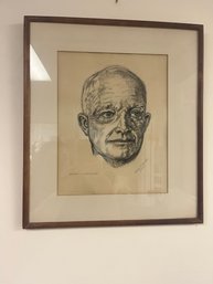 Vintage Framed Charcoal Drawing Of Dwight Eishenhower By Wanda S Varriale Dated 1959