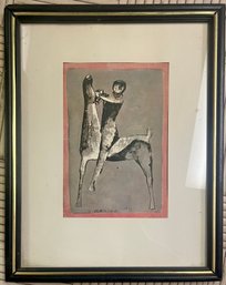 Mid Century Vintage Print - Abstract Boy Riding Horse - Artist Mazilo 1953