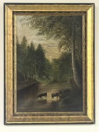 Antique Painting On Wood With Gilded Frame Cattle In The Forest